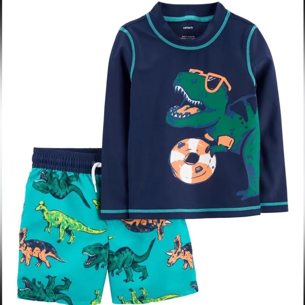 Carter's 3t Navy Teal Beach Ball Dinosaur Rashguard trunks Set T. rex navy green